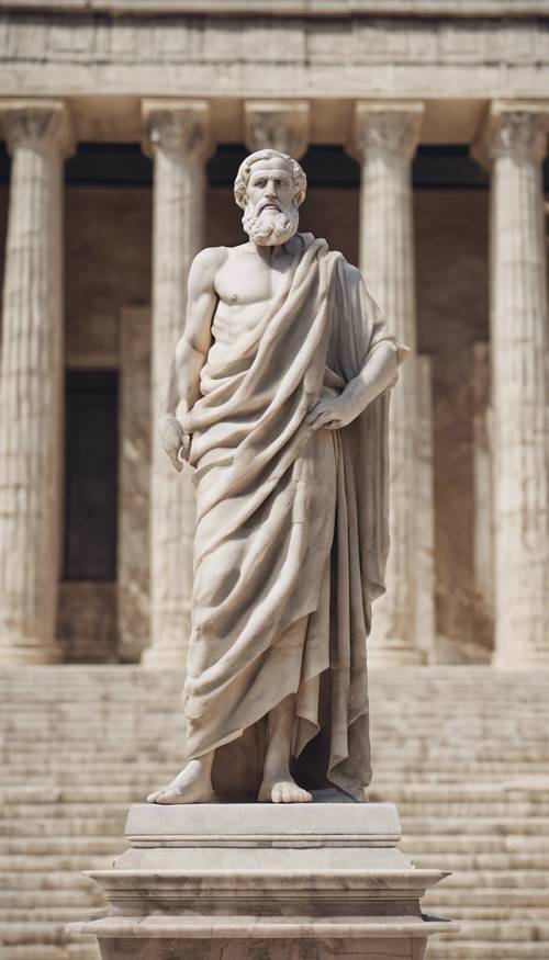 An ancient Greek philosopher standing in a marble-tiled square, debuting his theories to an attentive crowd.