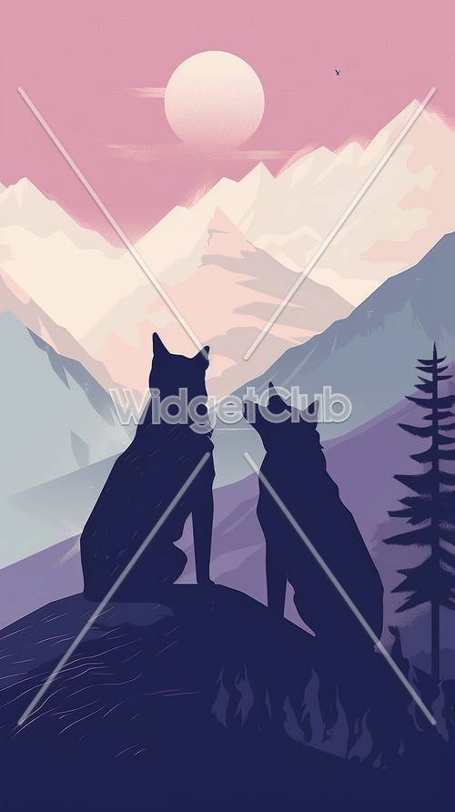 아름다운 산의 일몰을 즐기고 있는 두 마리의 늑대