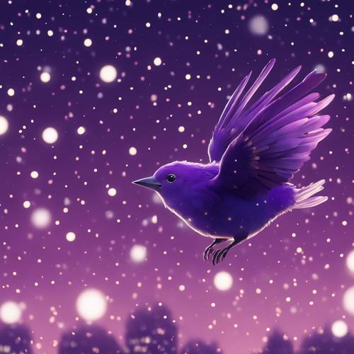 A kawaii-themed, dark purple bird soaring in the evening sky among twinkling stars.