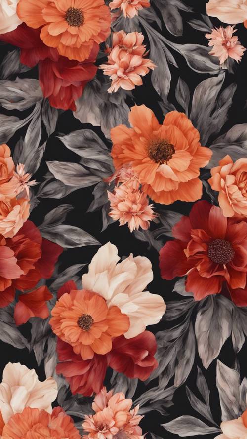 无缝花卉图案，带有红色和橙色的花朵，具有渐变效果。