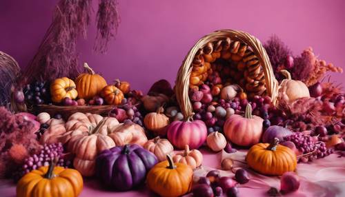 An abstract art piece depicting Thanksgiving harvest in pink and purple hues.