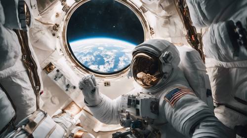 Un astronaute en combinaison spatiale utilisant un iPhone 11 Pro dans l&#39;espace en apesanteur.