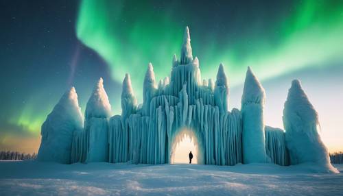 北極光下的冰城堡在冬季仙境中閃閃發光。