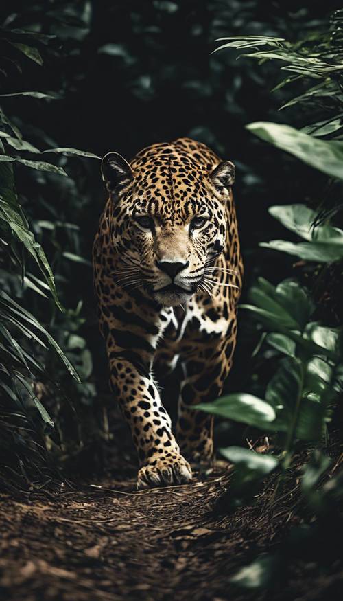 A lone jaguar emerging from the shadowy undergrowth of a dark jungle.