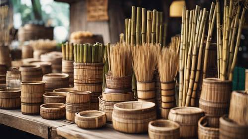 A lively marketplace selling various bamboo products