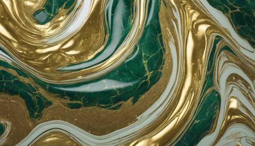 Pola abstrak emas dan marmer hijau berputar menjadi satu