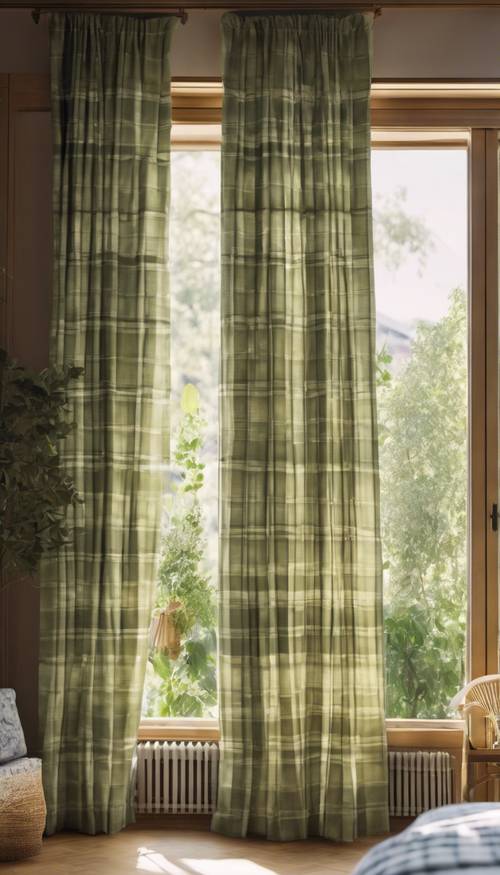 Um quarto ensolarado com cortinas xadrez verde-sálvia abertas revelando um pitoresco jardim externo.