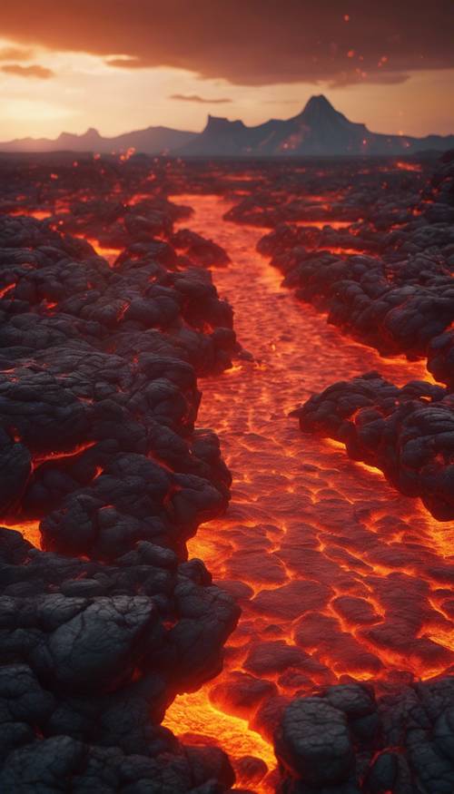 um enorme rio de lava em um mundo estranho.