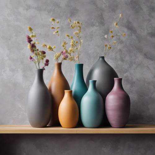 Moderne, farbenfrohe Keramikvasen auf einem Eichenregal vor einer grauen Wand.
