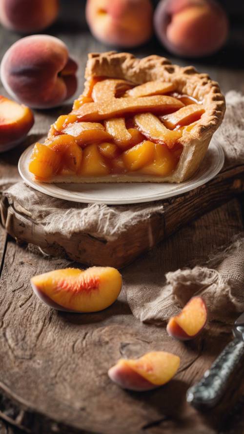 A slice of peach pie on a rustic wooden table.