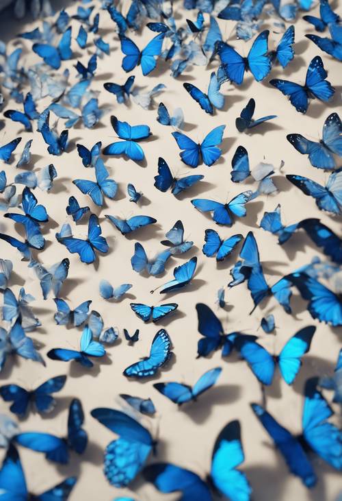 Rój fantazyjnych niebieskich motyli, każdy z unikalnymi wzorzystymi białymi kropkami.