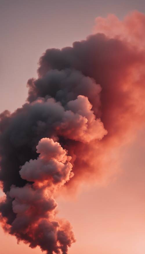 Two barely touching smoke trails, one pure white and the other pitch black, rising against a crimson sunset.