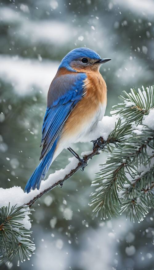 Ein wunderschöner Blauvogel, der auf einem schneebedeckten immergrünen Ast thront.