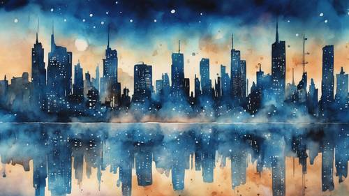 Pintura acuarela azul del horizonte de la ciudad futurista al atardecer.