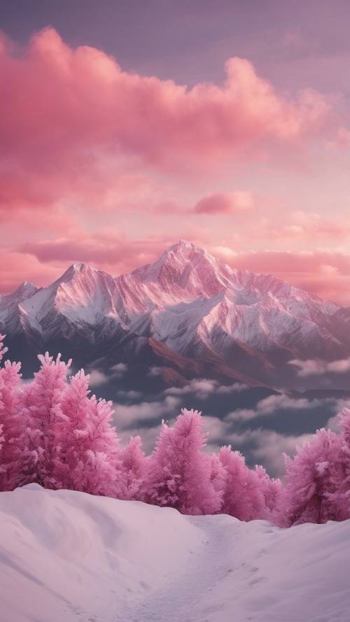 새벽녘 눈부신 분홍빛 구름으로 뒤덮인 눈 덮인 산의 모습이 눈길을 사로잡습니다.