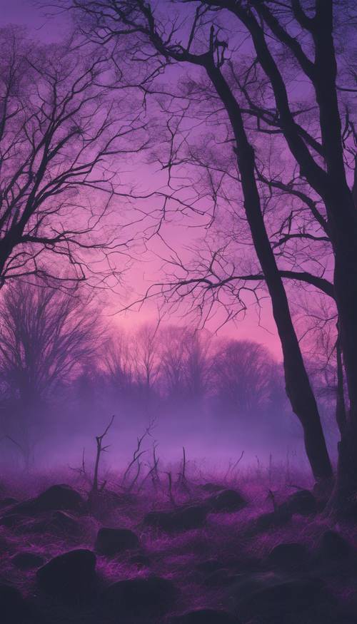 Un paesaggio etereo immerso in un tenue crepuscolo viola con una sagoma di alberi spogli in primo piano.