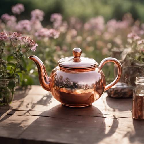 Чайник из розового золота на деревянном столе, окруженный полевыми цветами.