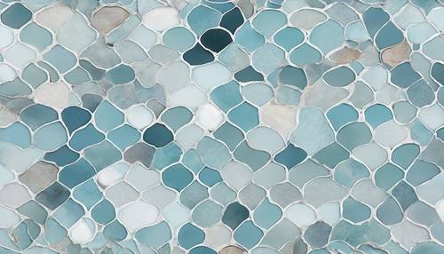 Um padrão de mosaico mínimo e calmante em tons pastéis de azul e branco, sugerindo uma estética costeira.