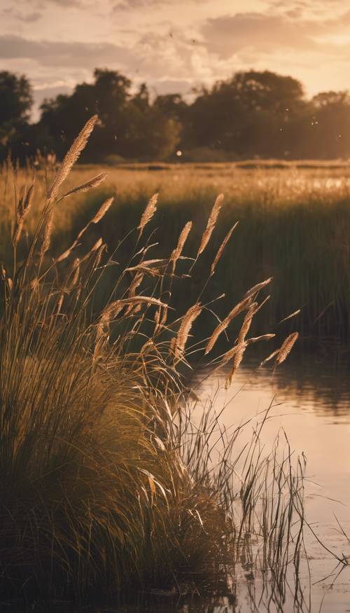 A serene marshland under the soft glow of a setting sun. Tapet [94a677d8cb1a4686accc]