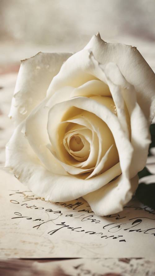 Eine Vintage-Postkarte, verziert mit dem gedruckten Bild einer wunderschön illustrierten weißen Rose und handgeschriebenen Wünschen.