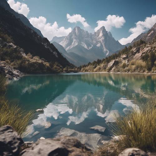 A still, glass-like lake mirroring the majestic mountain range under a clear sky. Tapet [984f01a48318400193c2]