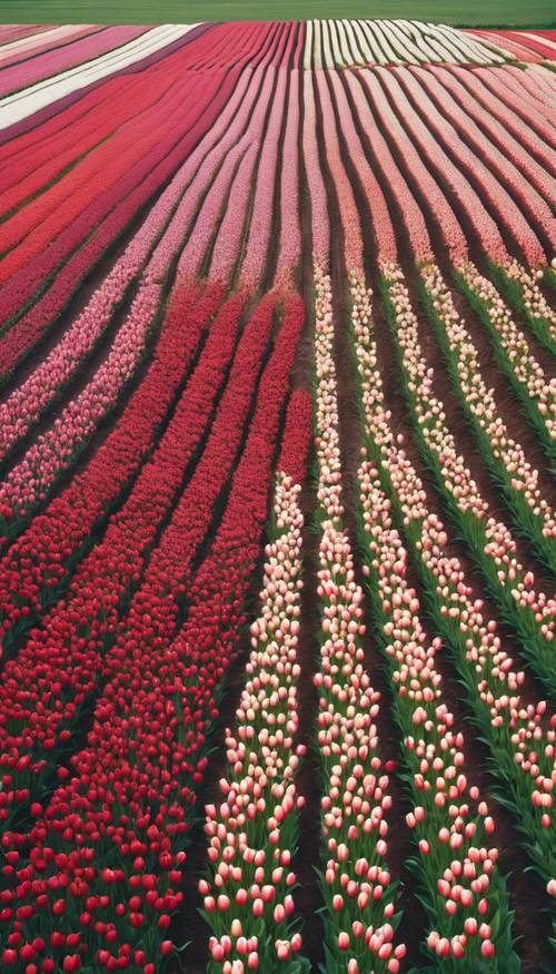 منظر جوي حالم لصفوف لا نهاية لها من زهور التوليب مع خطوط حمراء وبيضاء في إزهار كامل في مرج الربيع.