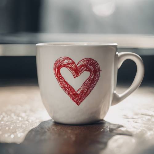 Caneca de café em cerâmica branca com um coração vermelho desenhado.