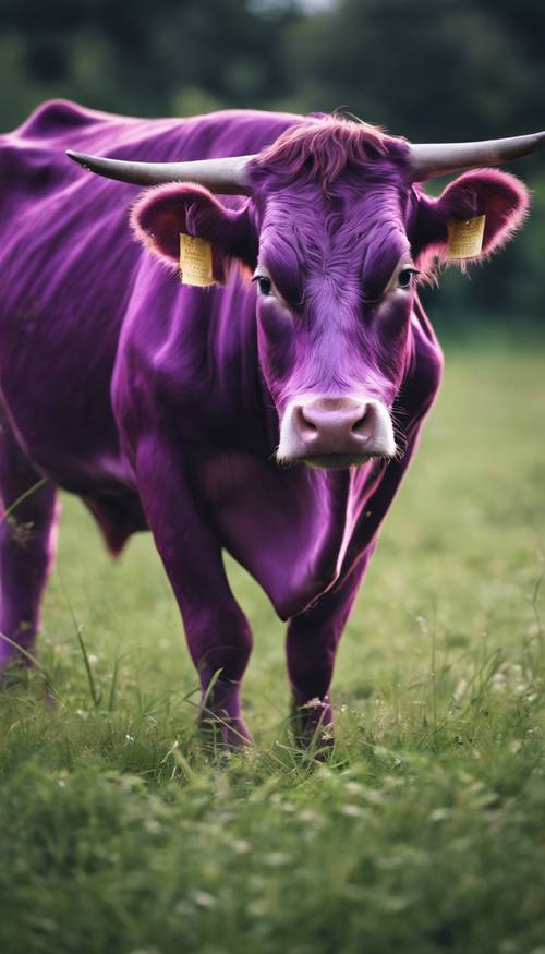 'A vibrant purple cow grazing on grass in a green lush pasture.'
