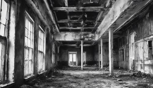 Une aquarelle sombre et obsédante en noir et blanc représentant un asile abandonné.