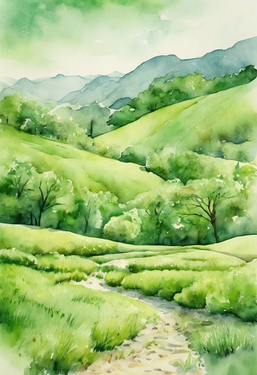 A pistachio green watercolor painting of a landscape in springtime.