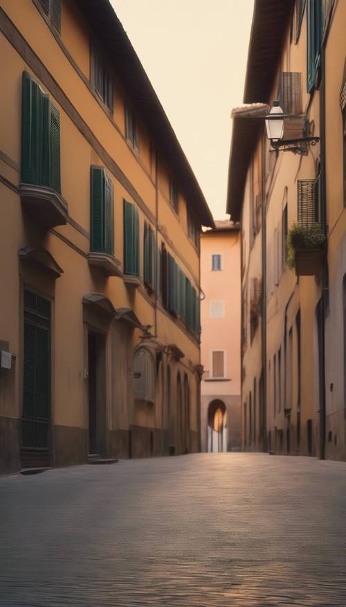 Uma rua de paralelepípedos em Florença, banhada pelo brilho suave da luz noturna, com casas coloridas em arquitetura italiana ornamentada.