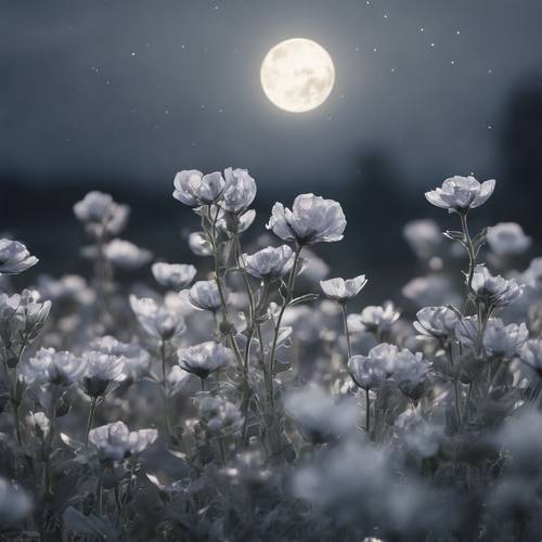 ينعكس ضوء القمر الفضي على حقل من الزهور الرمادية المتفتحة.