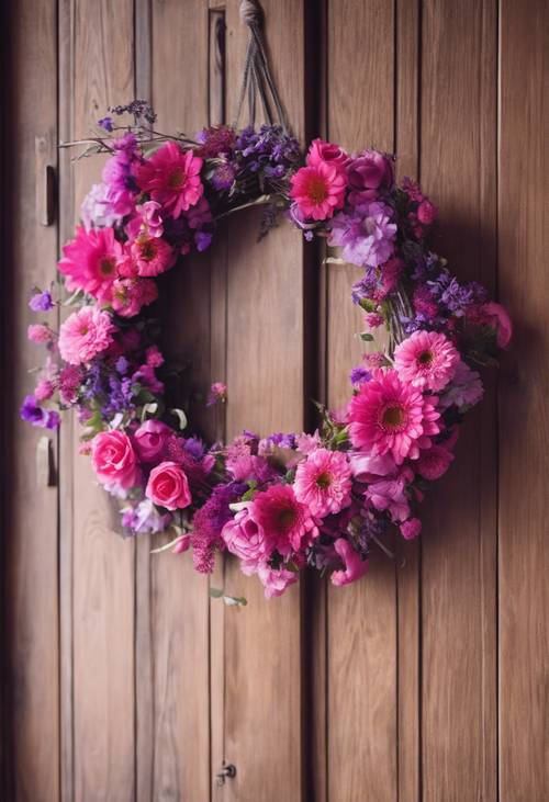 A vibrant pink and purple floral wreath hanging on a wooden door.