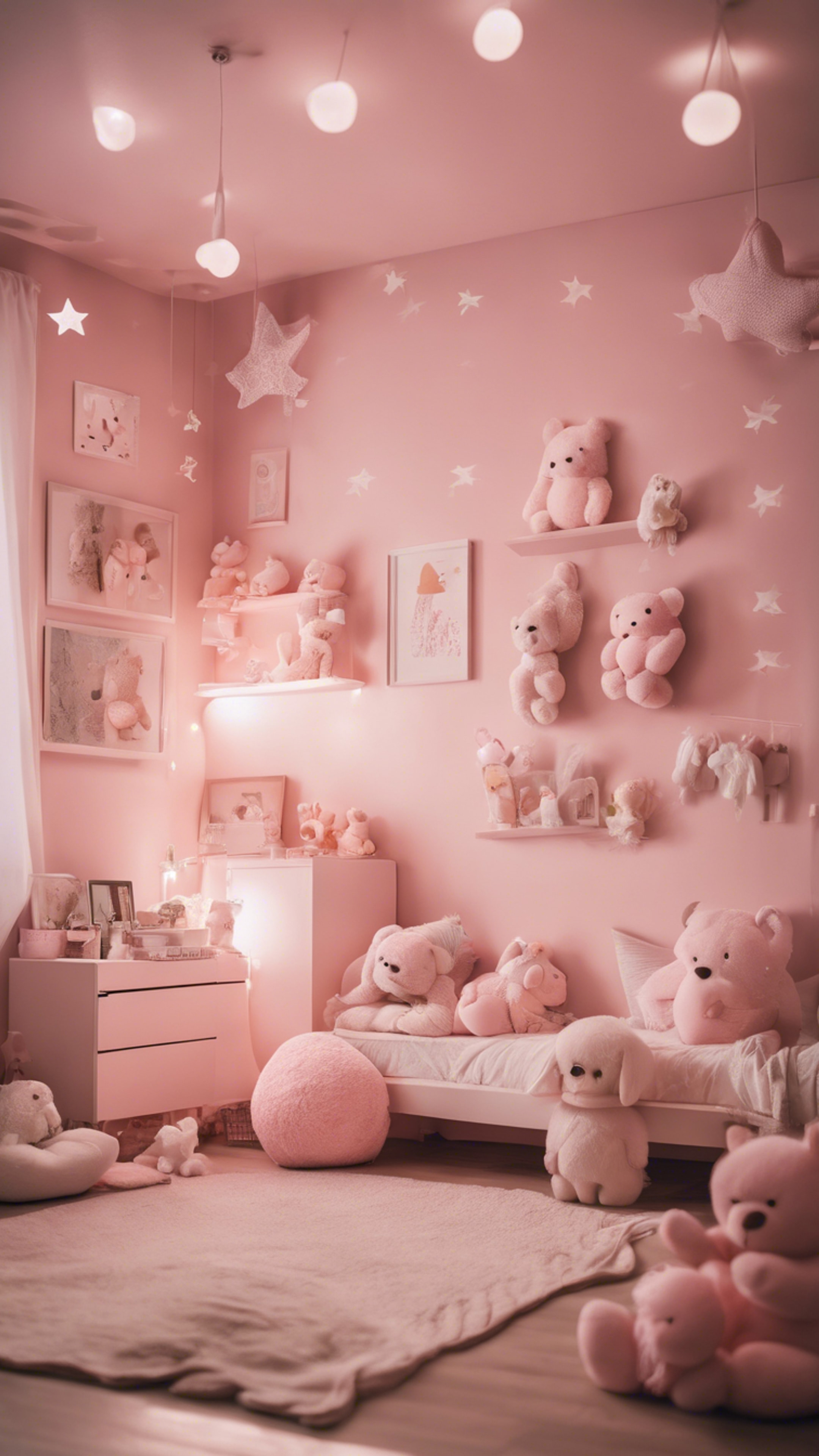 A child's bedroom designed in light pink Kawaii theme, with fluffy stuffed animals and stars. 墙纸[1c682dae9a5849159ddf]