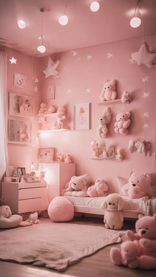Um quarto de criança desenhado no tema Kawaii rosa claro, com bichos de pelúcia fofinhos e estrelas.