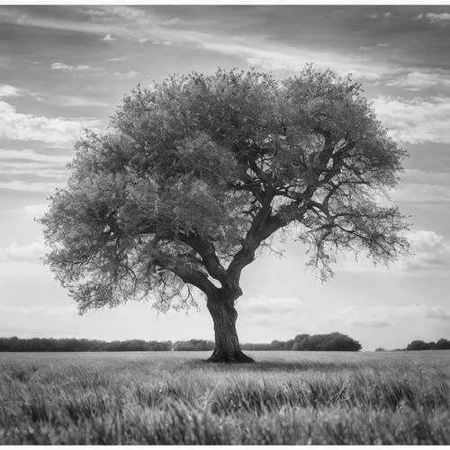 Un albero solitario in un campo battuto dal vento, catturato in un tema monocromatico.