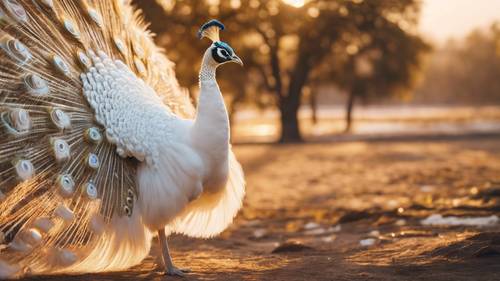 A proud white peacock stretching its magnificent plumage under golden rays of the sunset.