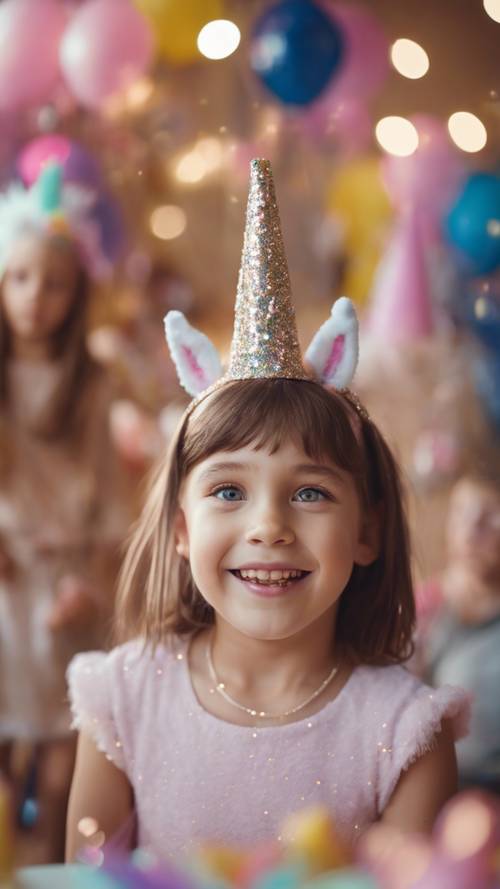 귀여운 유니콘 머리띠를 쓰고 생일 파티에서 기쁨으로 빛나는 어린 소녀.