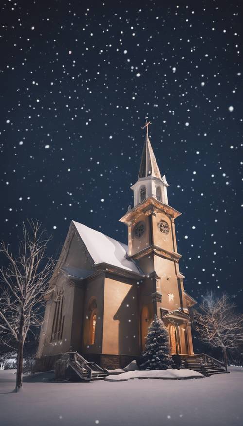 Una notte limpida e costellata di stelle su una chiesa calma e coperta di neve alla vigilia di Natale.