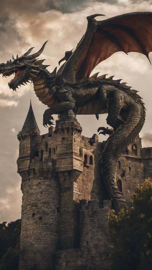 Un ancien dragon survolant un château médiéval magique, enchâssé dans les nuages ​​sous la lumière de la pleine lune.