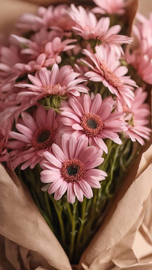 Buket bunga aster merah muda yang dibungkus kertas coklat kerajinan.