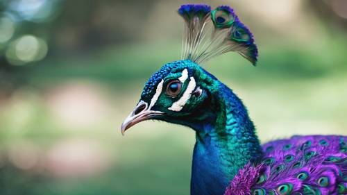 Burung merak yang megah dengan bulu berwarna hijau dan ungu cerah.