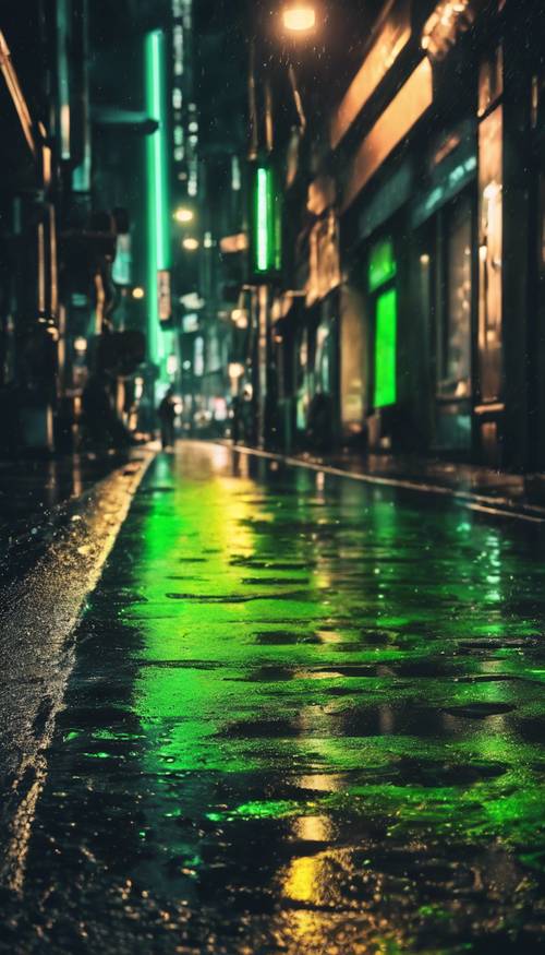 Un paisaje urbano oscuro con luces verdes de neón que se reflejan en el pavimento negro y mojado.