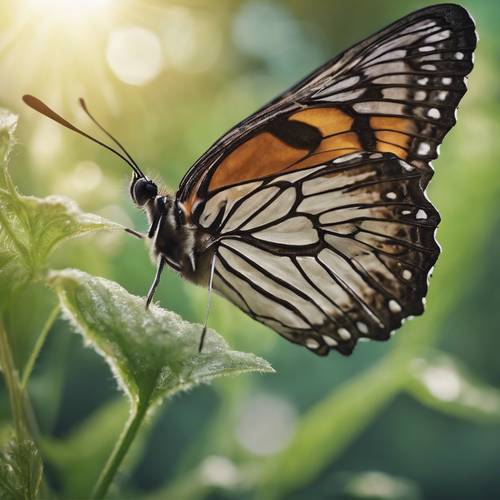 Một con bướm rung rinh với đôi cánh mỏng manh và óng ả như lụa xanh.