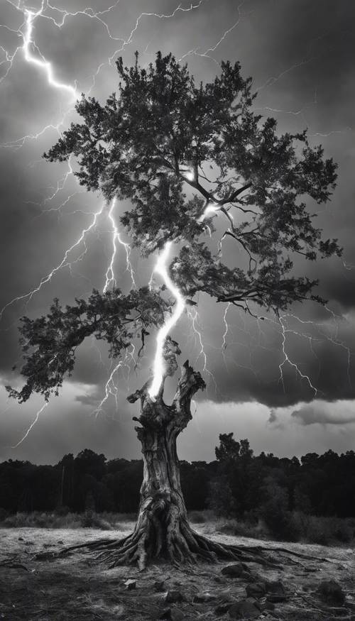 תמונה בשחור-לבן של עץ שנפגע מברק, הנזק מדגיש את כוחו המתמשך של הטבע.