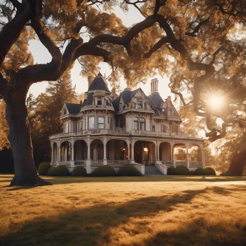 A classic Victorian mansion nestled among old oak trees, glowing warmly under the amber rays of sundown. Tapeta [e536dadc6bb44147ae8a]