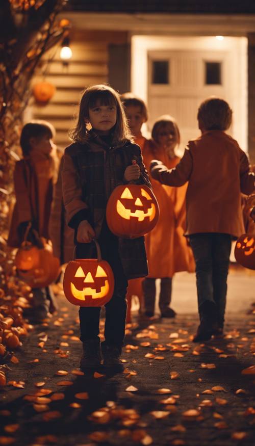Um grupo de crianças fazendo doces ou travessuras na noite de Halloween com cestas de doces de abóbora laranja brilhante Papel de parede [86a8b89a58084f95a426]