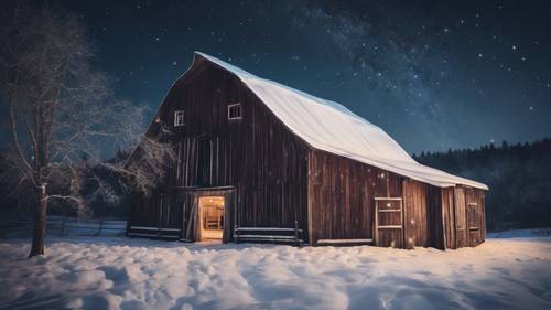 Rustic barn under the night sky filled with stars, the barn’s windows casting pools of soft light on the snow.
