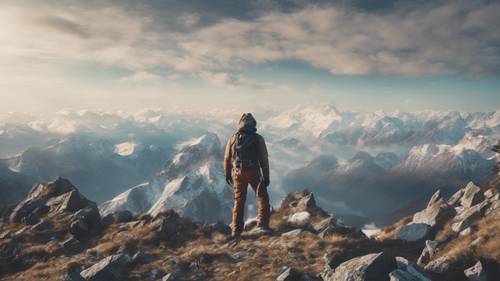 An ambitious person looking at a high peak to climb, with the text 'Your Limit Is Beyond The Sky' Tapeet [860c28ebaab24cbd8ef8]