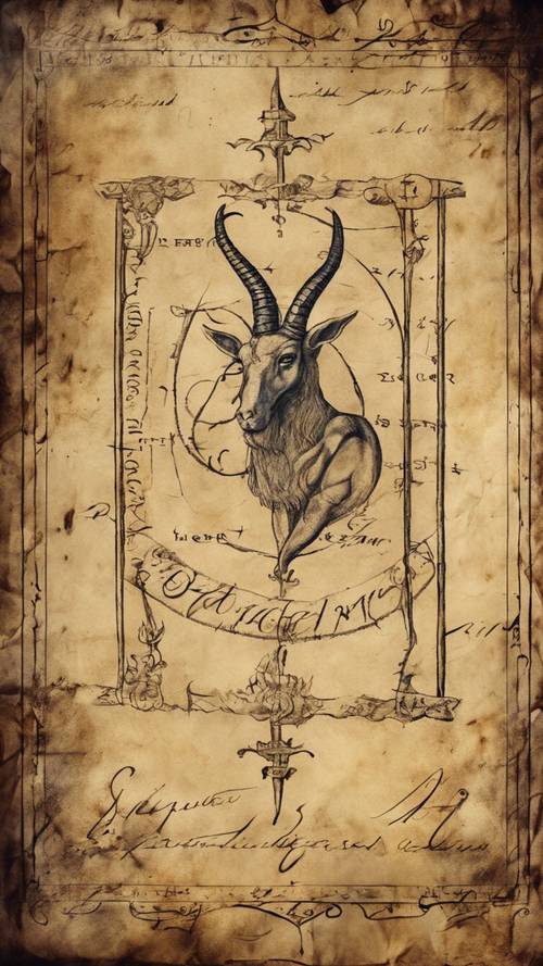 Un vieux parchemin affichant un signe du Capricorne magnifiquement dessiné avec une sombre annotation médiévale.